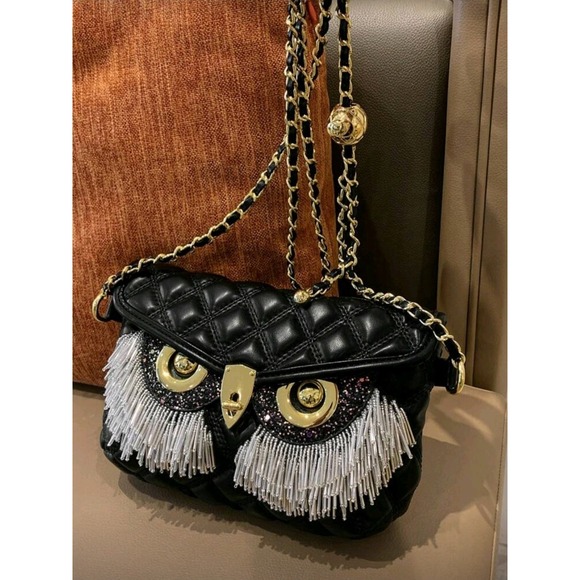 Quilted Owl Crossbody Bag Gold Chain Strap Fashion Shoulder Bag Purse - Picture 1 of 5